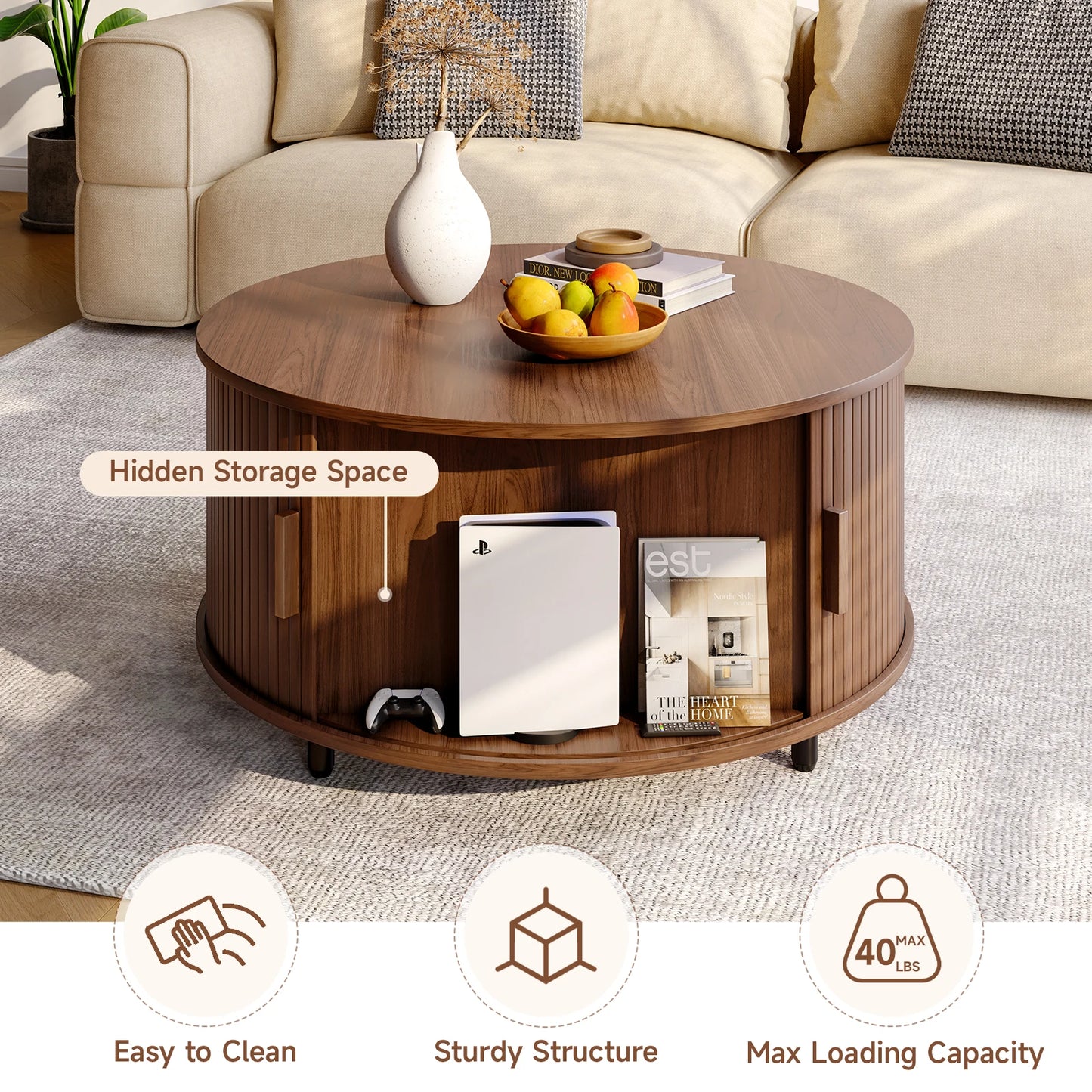 Round Fluted Wood Coffee Table with Storage