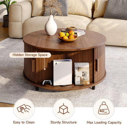 Round Fluted Wood Coffee Table with Storage
