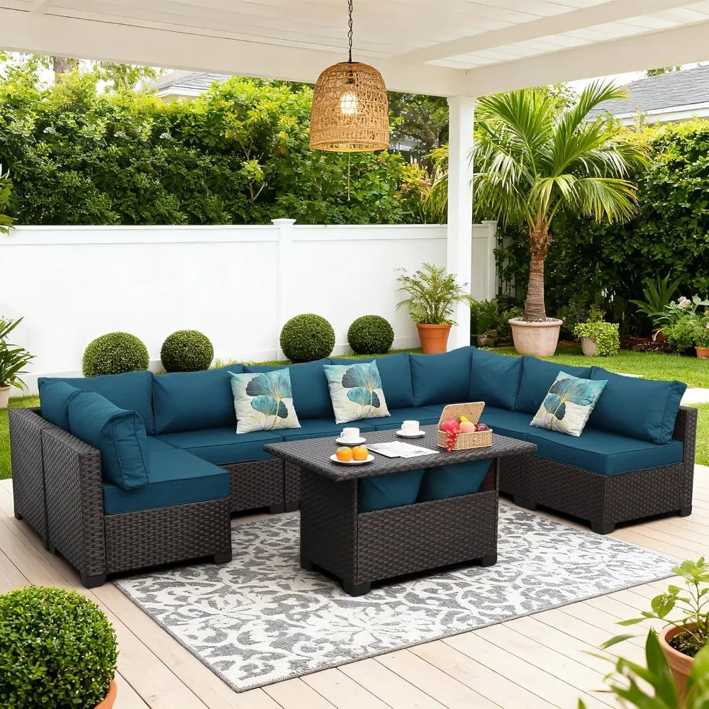 9 Pieces Peacock Blue Wicker Patio Furniture Set
