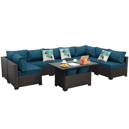9 Pieces Peacock Blue Wicker Patio Furniture Set