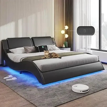 California King  Leather Platform Bed Frame w/ Led Lights