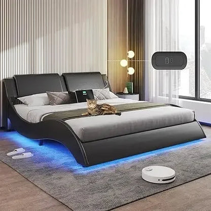 California King  Leather Platform Bed Frame w/ Led Lights
