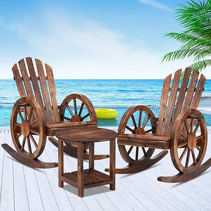 Outdoor Wooden Wagon Wheel Rocking Chairs Set