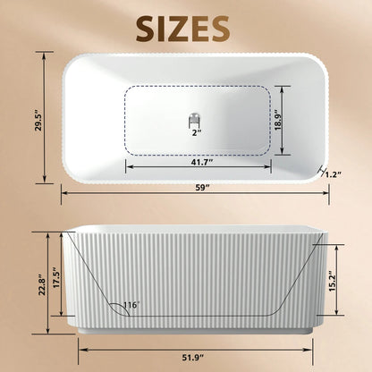 59" Rectangle White Acrylic Freestanding Soaker Tub