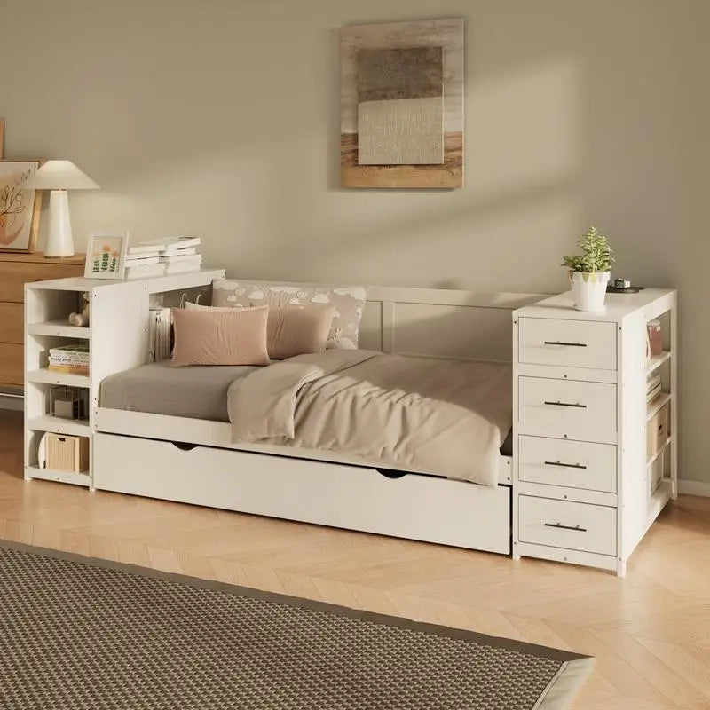 White Wooden Twin Size Daybed with  Storage Drawers