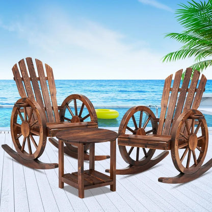Outdoor Wooden Wagon Wheel Rocking Chairs Set