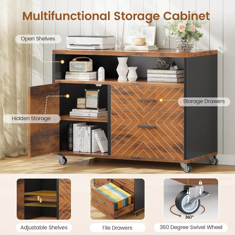 71" Rustic Brown L-Shaped Executive Desk with Rolling File Cabinet