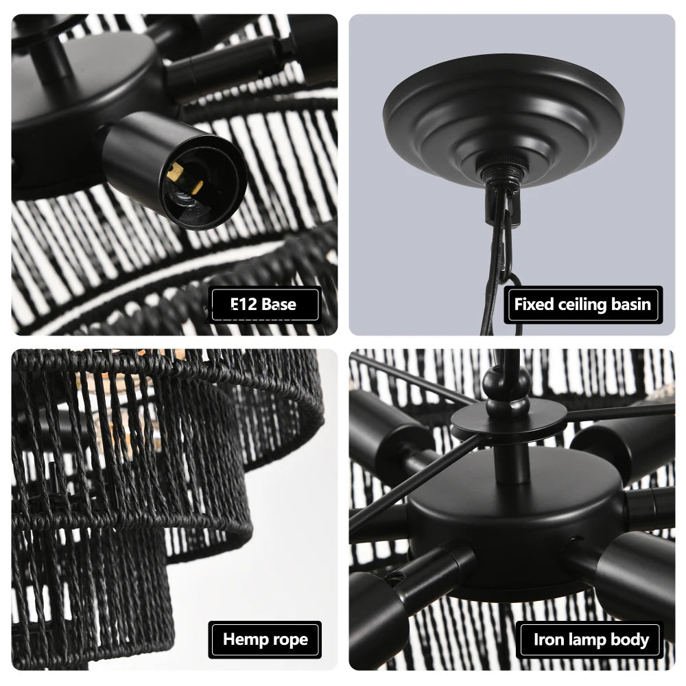 24" Rustic 5-Tier Black Hemp Rope Pendant Light Chandelier