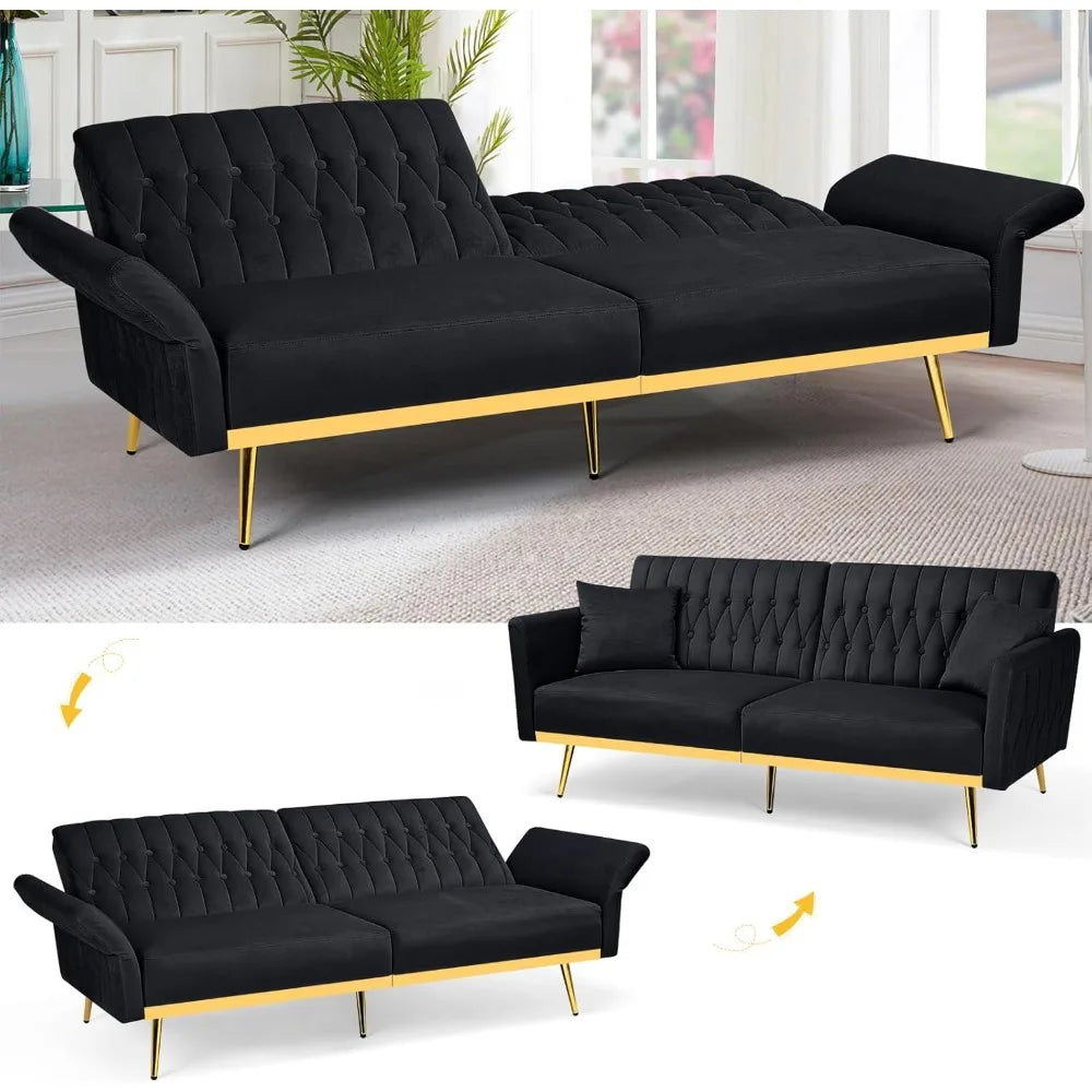 70” Velvet Futon Sofa Bed with 2 Pillows and Adjustable Armrests