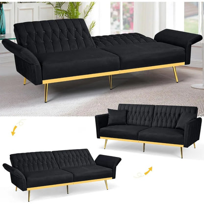 70” Velvet Futon Sofa Bed with 2 Pillows and Adjustable Armrests
