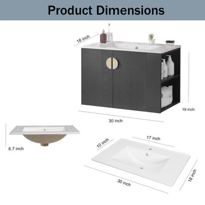 30" Wall Mounted Vanity with 2 Doors Cabinet