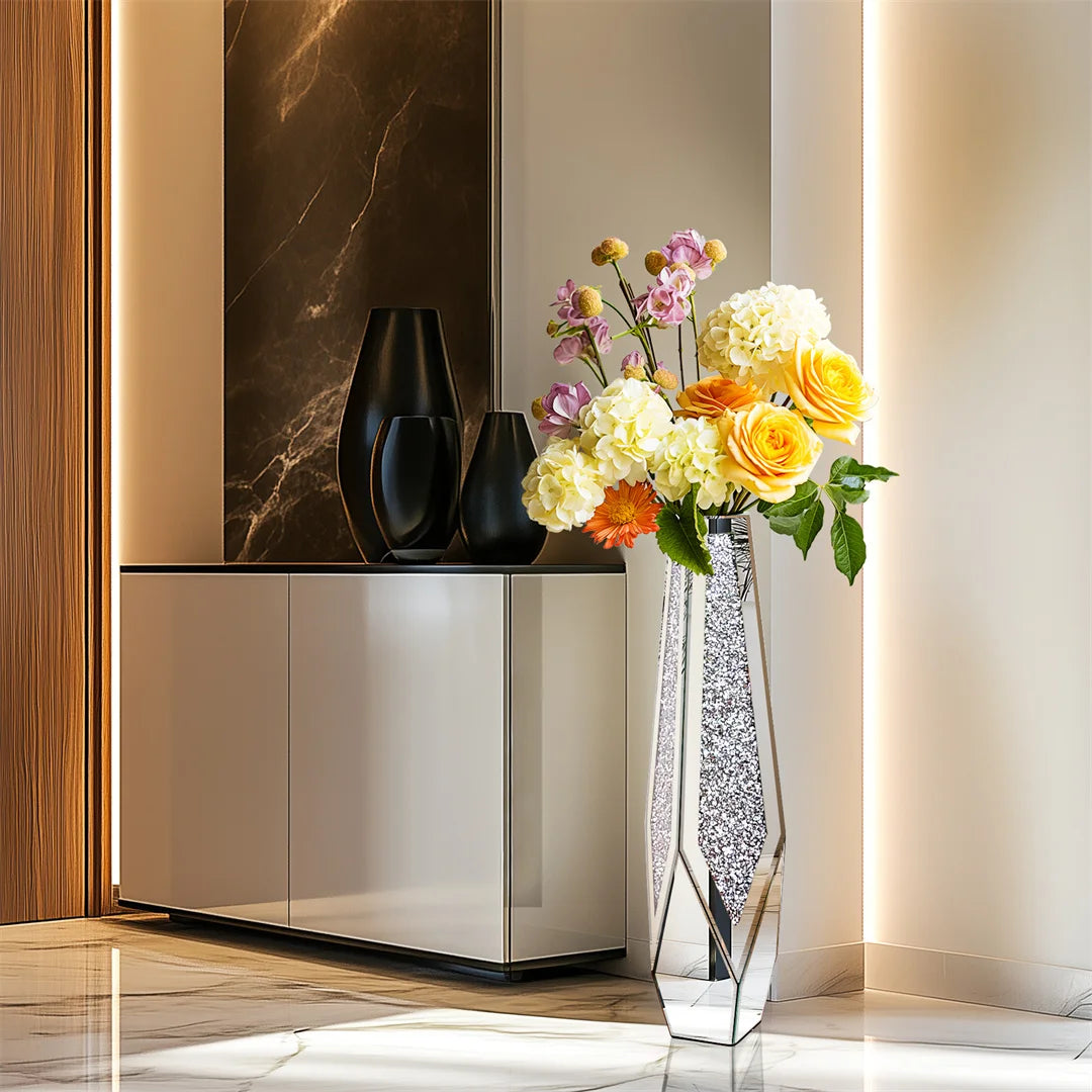 34” Tall Standing Crushed Diamond Mirrored Silver Glass Decorative Flower Vase