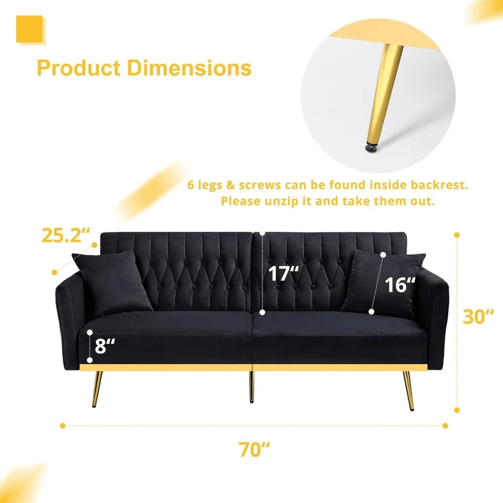 70” Velvet Futon Sofa Bed with 2 Pillows and Adjustable Armrests