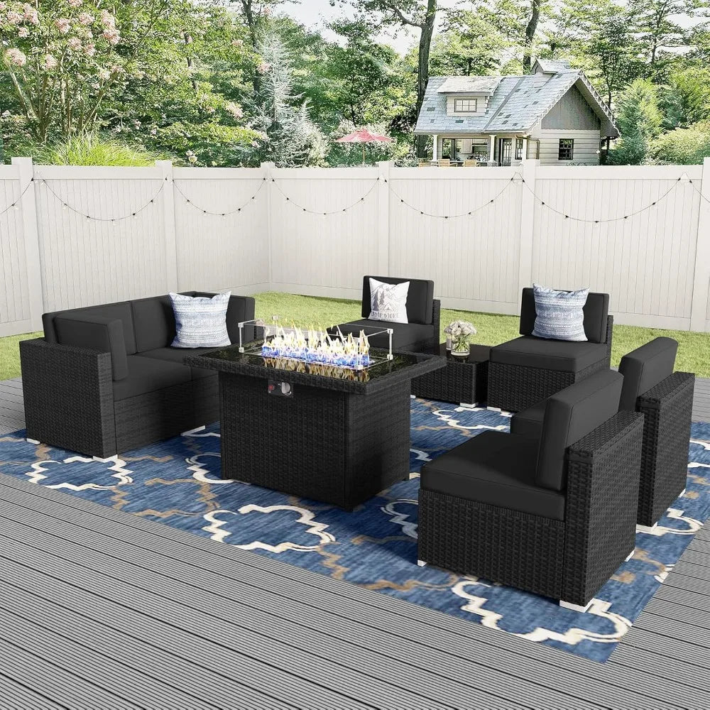 8 Pieces Patio Furniture Set w/ Propane Gas Fire Pit Table