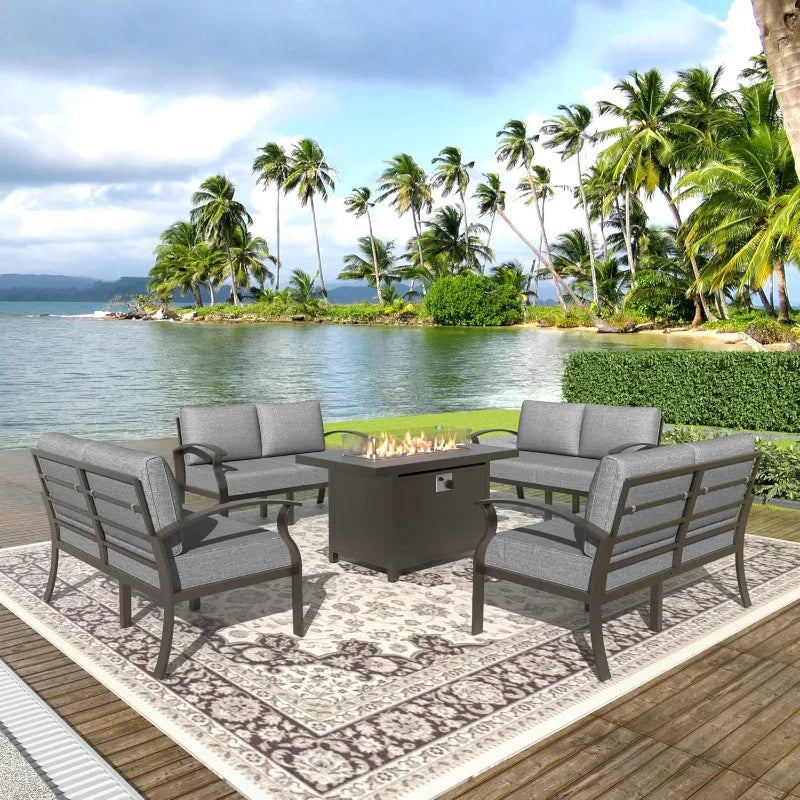 Modern Metal Patio Furniture 8-Seat w/45in Propane Fire Pit