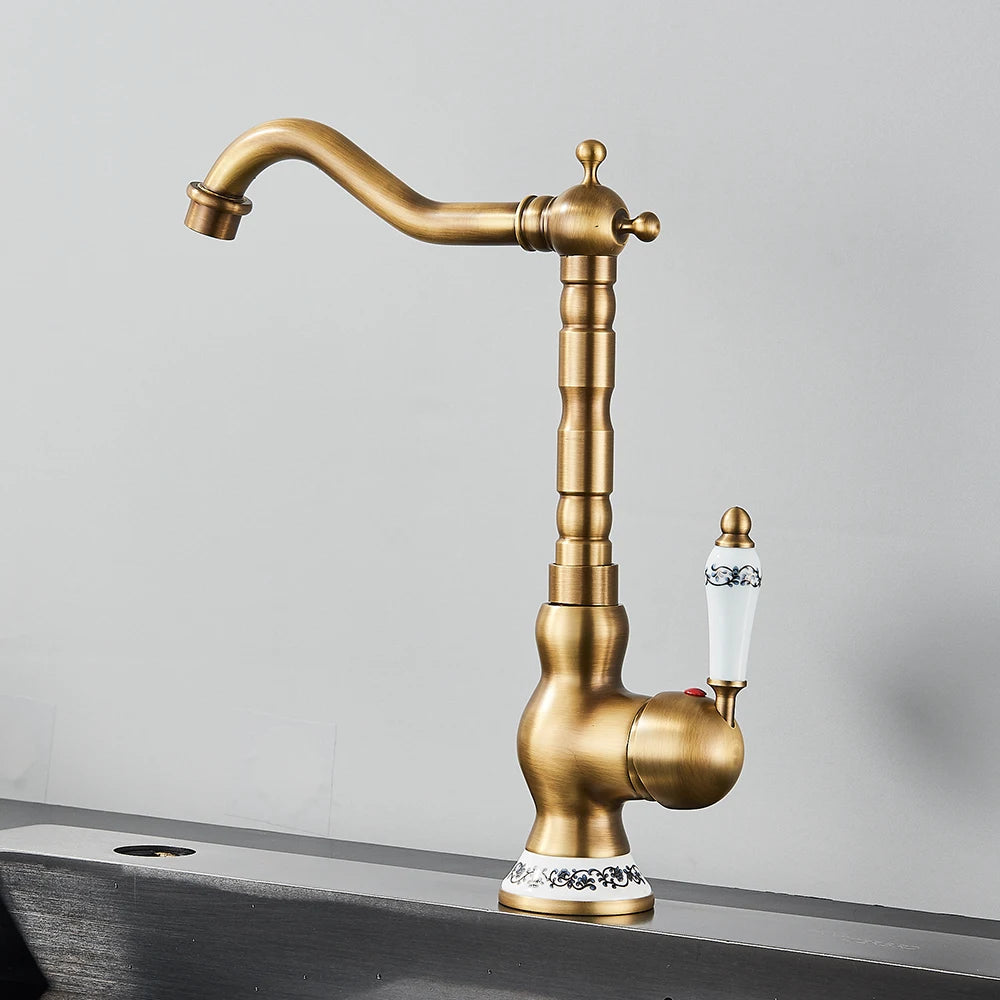 Antique Brass Rotating Spout Bathroom Faucet