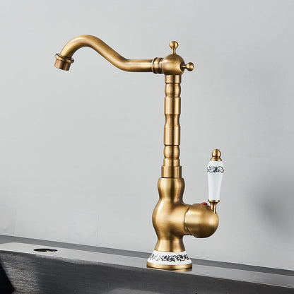 Antique Brass Rotating Spout Bathroom Faucet