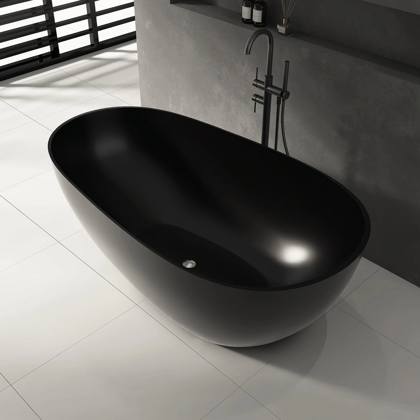 59" Matte Black Stone Resin Freestanding Bathtub