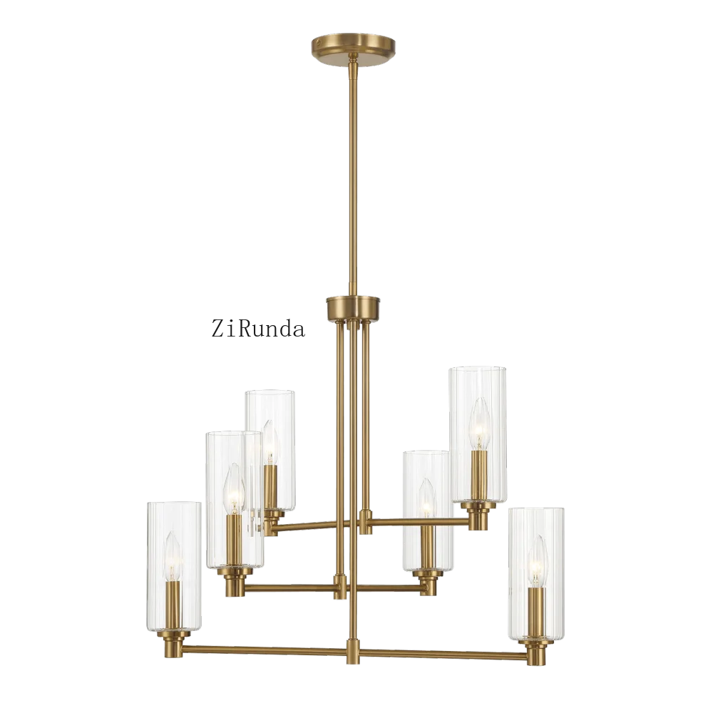 Timeless Six Lights Chandelier With Clear Ribbed Glass - Satin Brass