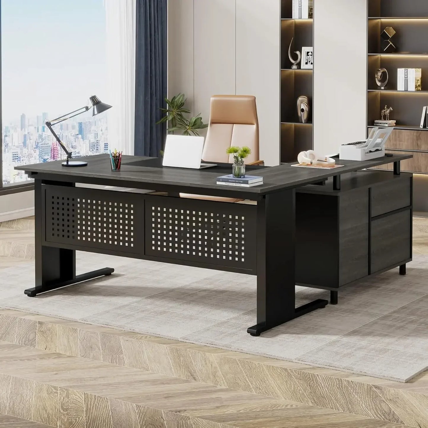63" Executive L Shaped Office Desk with File Cabinet