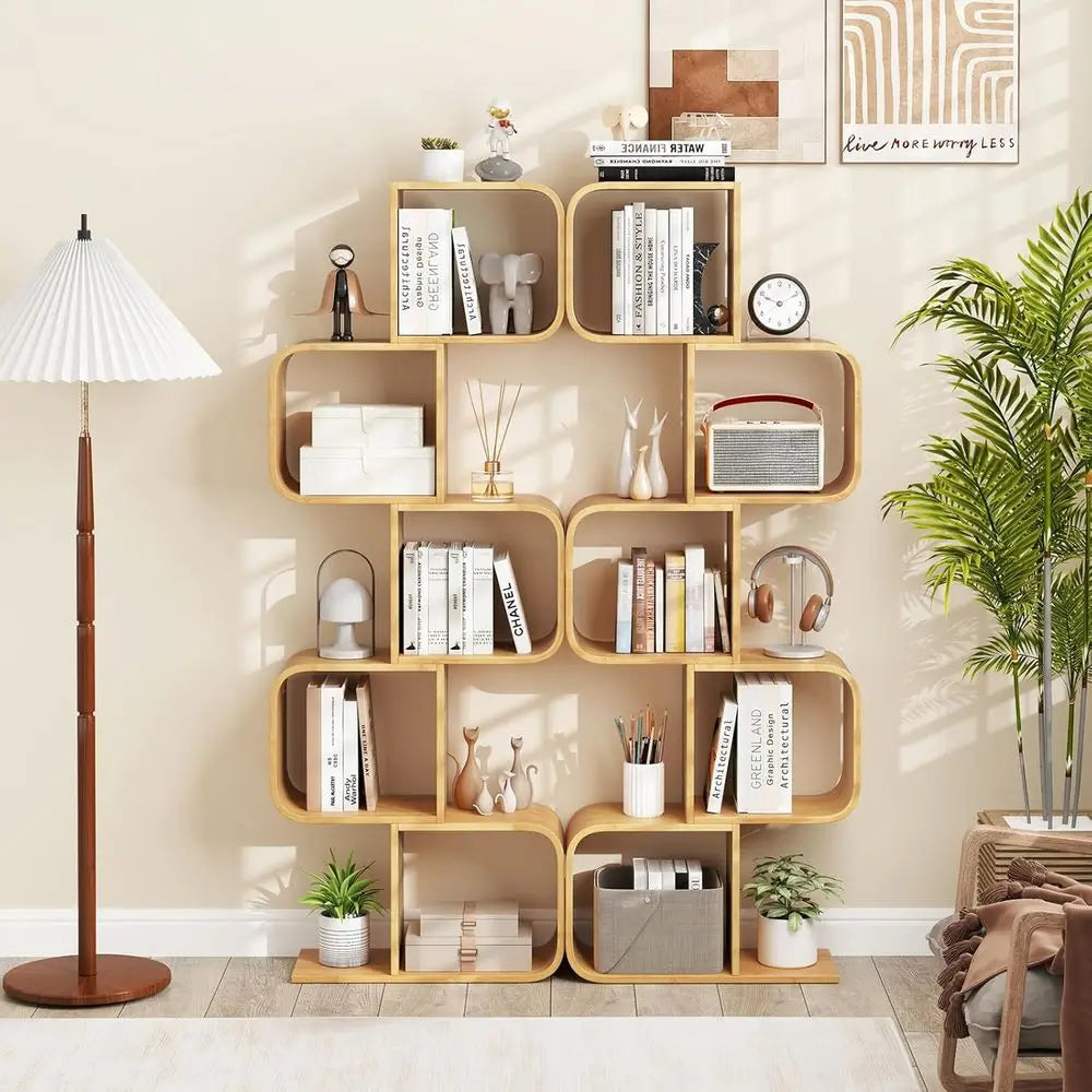 5-Tier Bamboo S-Shape Bookshelf with Open Cubes f