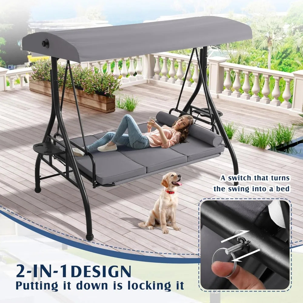 Outdoor 2 in 1 Porch Bed Swing with Canopy and Cup Stand