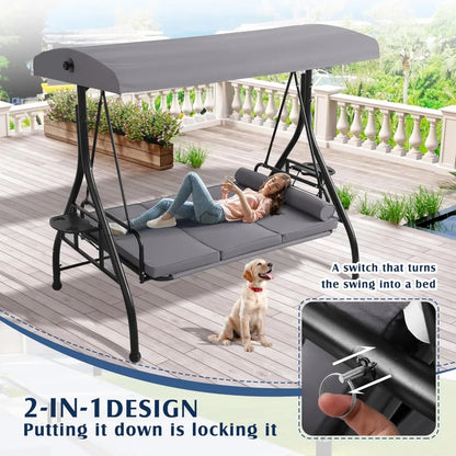 Outdoor 2 in 1 Porch Bed Swing with Canopy and Cup Stand